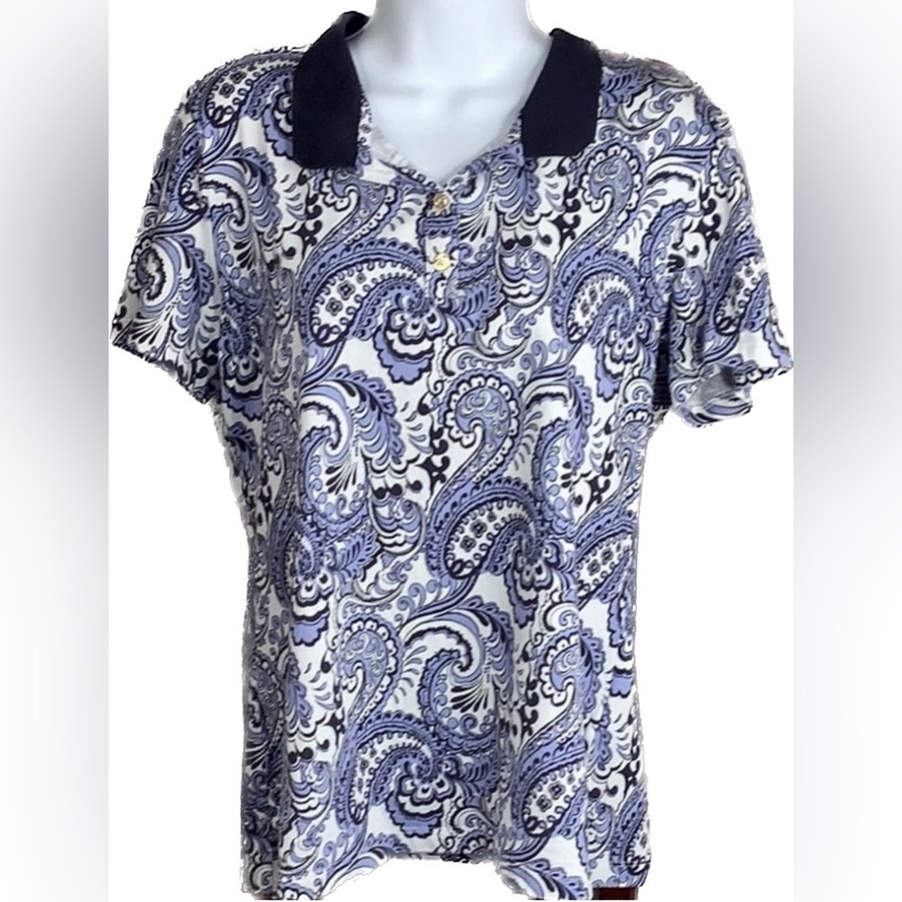 Jones NY L Top Paisley Print Cap Sleeve Blouse Soft Cotton 3 Button Casual Dress